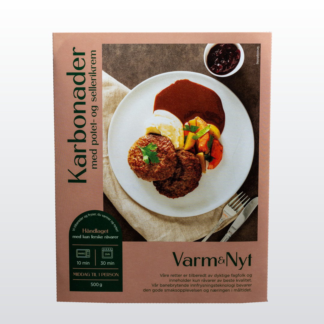 Frossen karbonader med potet- og sellerikrem, grønnsaker og brun saus – 500 gram